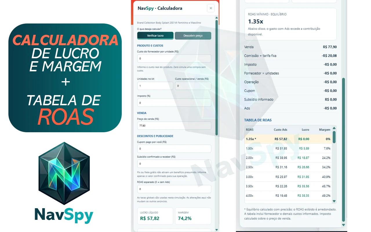 Demonstração da calculadora NavSpy com custos, lucro, margem e tabela de ROAS