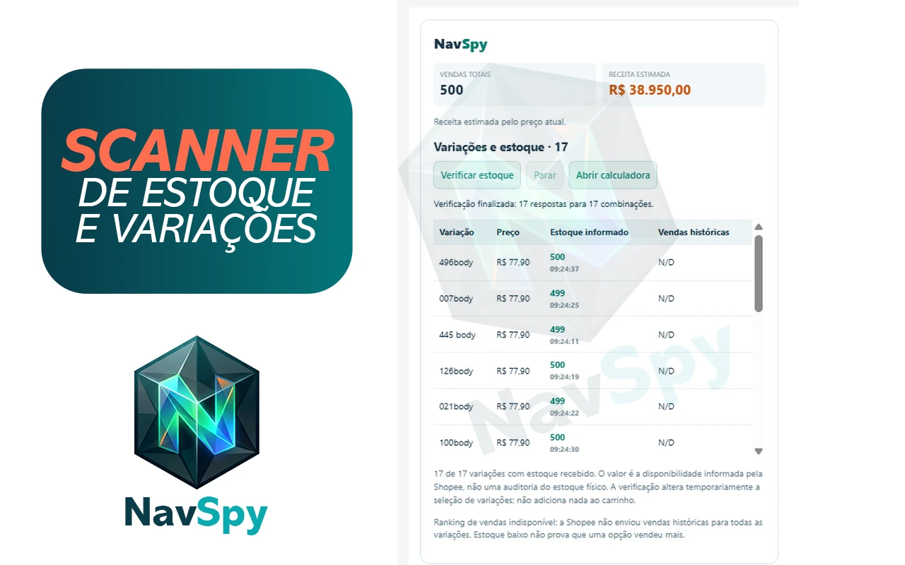 Scanner NavSpy com uma tabela de variações e estoque informado pela Shopee