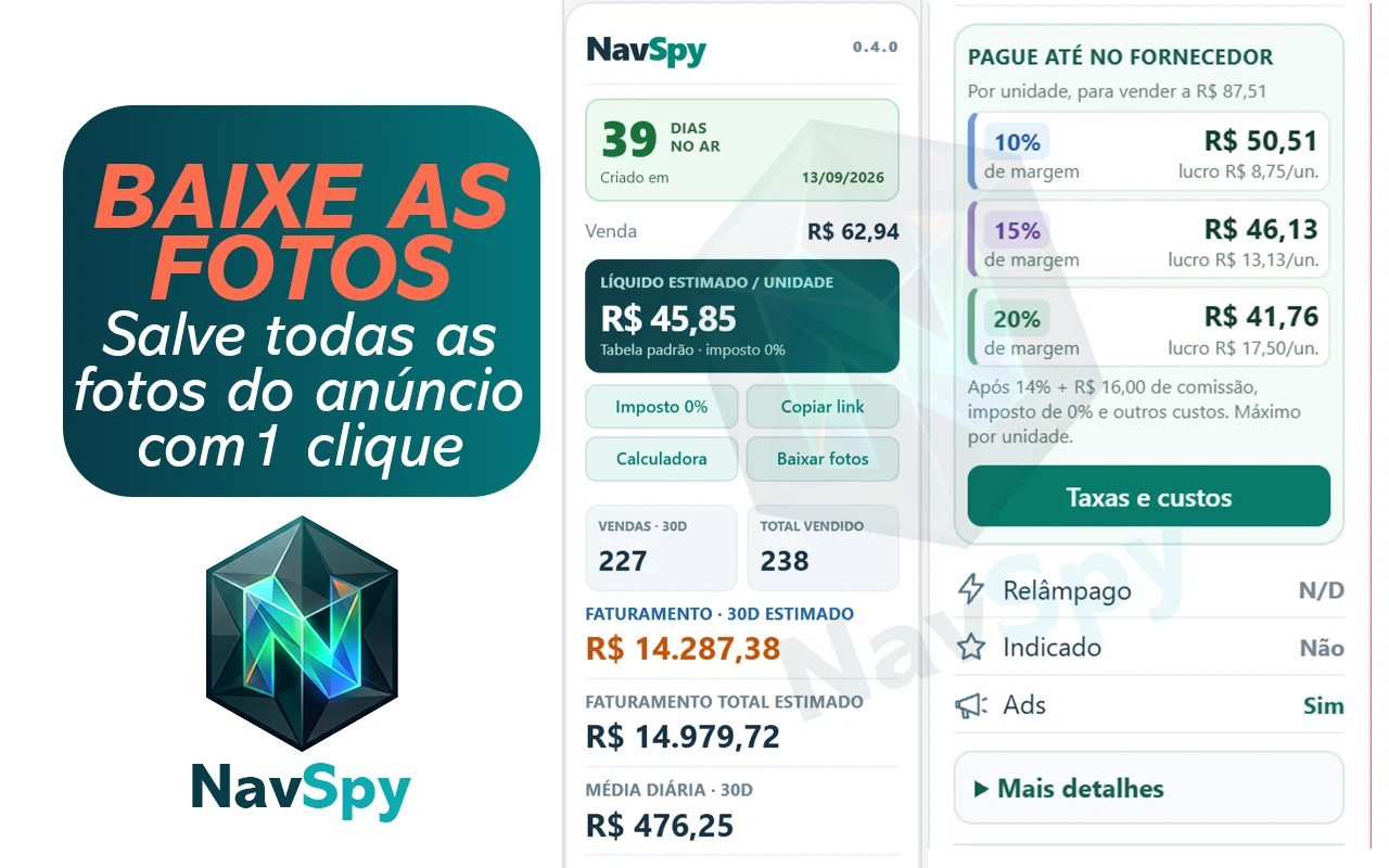 Painel NavSpy com o botão Baixar fotos e os dados de um anúncio